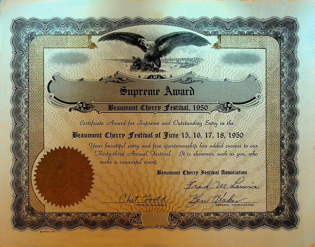 Beaumont Cherry Festival Supreme Award Certificate 1950 California0