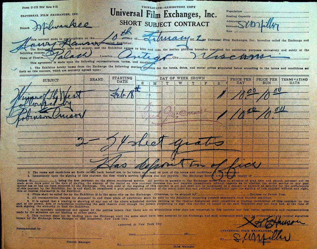 Universal Film Exchanges Contract February 10 1922 Robinson Crusoe Short0