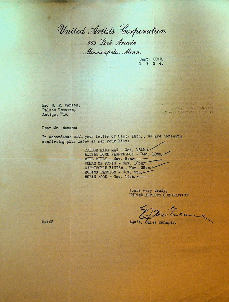 United Artists Letterhead September 20 1924 Robin Hood Ruling Passion0