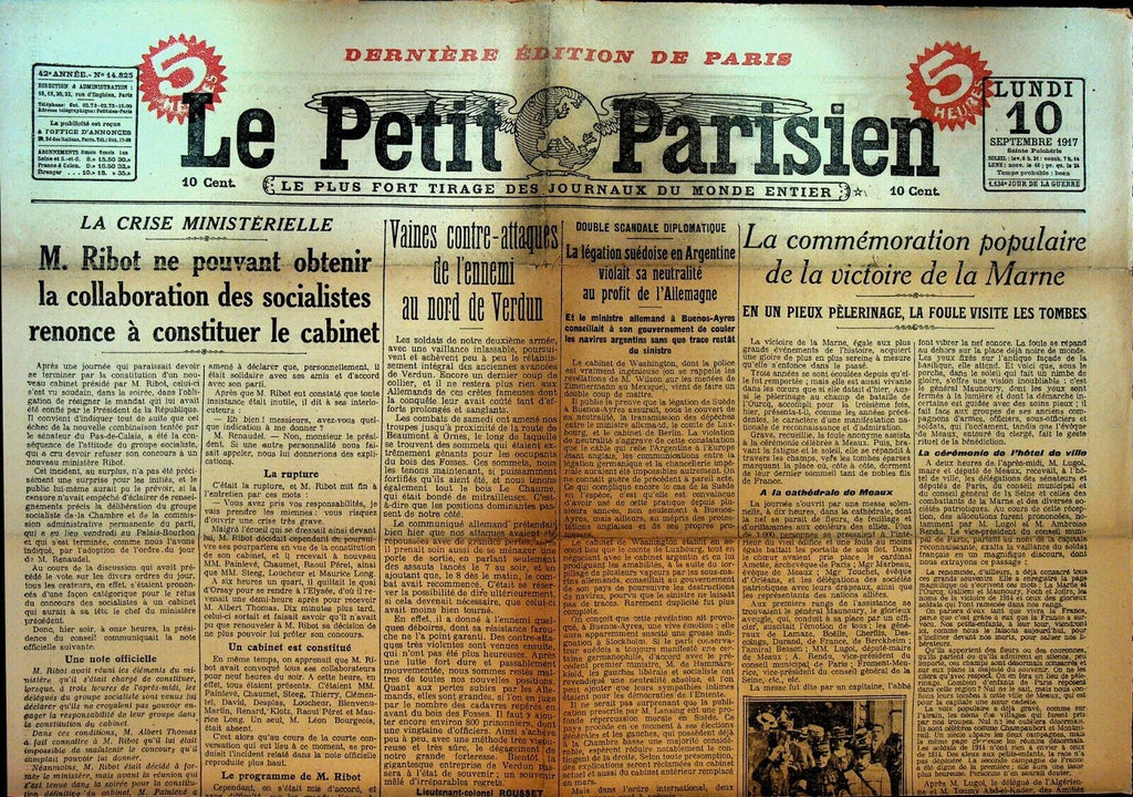 Le Petit Parisien WWI Newspaper France September 10 1917 Marne Socialism