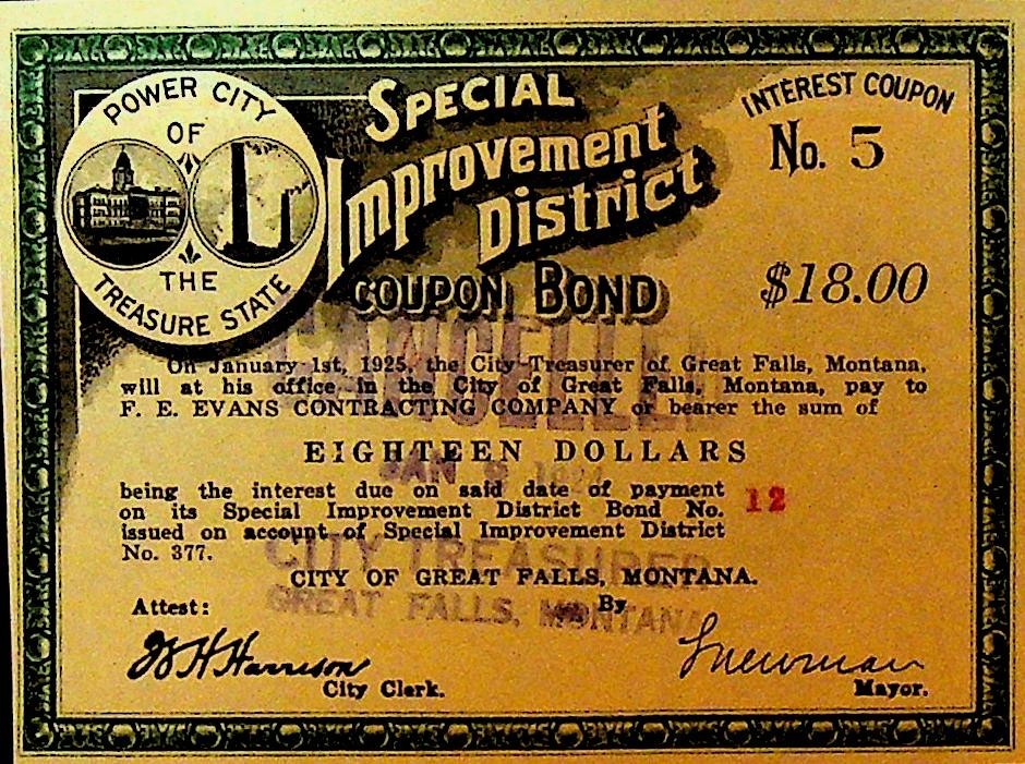 Great Falls Montana Special Improvement District Coupon Bond #5 19250