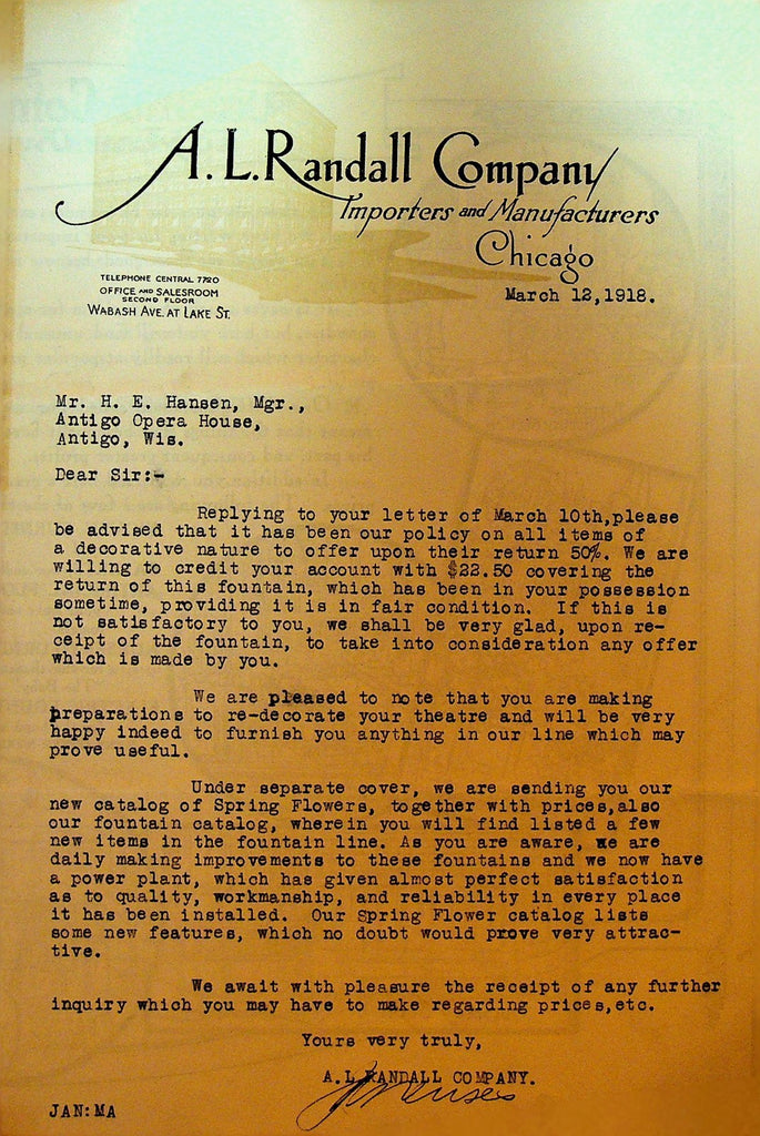 AL Randall Letterhead March 12 1918 Chicago Spring Flowers Decorative Fountain0