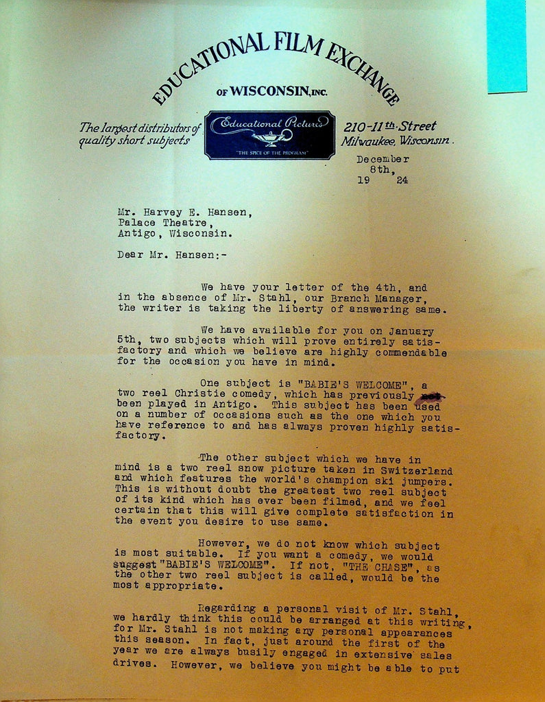 Educational Film Exchange Letterhead December 8 1924 Babie's Welcome The Chase0