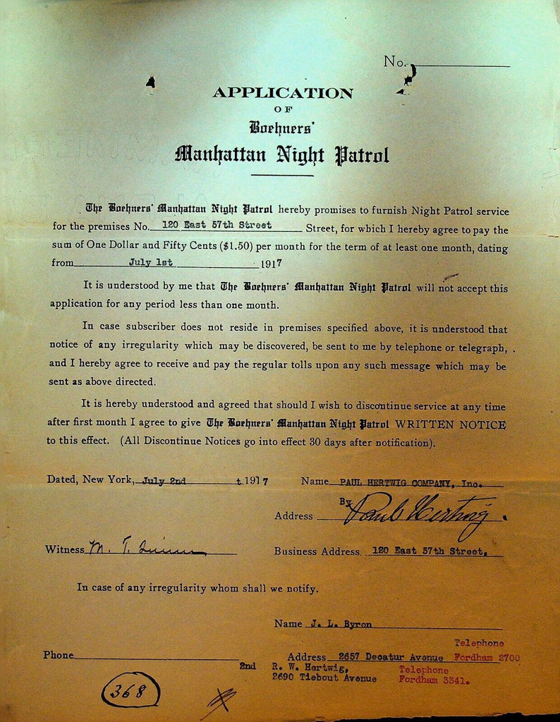 Boehners Manhattan Night Patrol Signed Contract 1917 120 East 57th Street