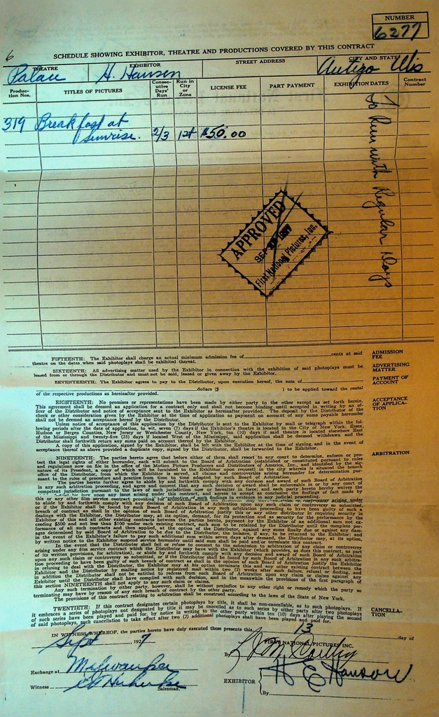 First National Pictures Exhibition Contract 1927 Breakfast at Sunrise0