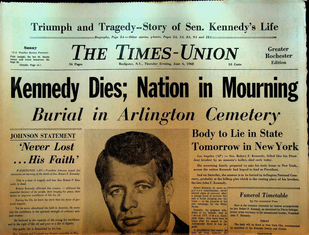 Rochester Times Union June 6 1968 RFK Assassination Robert Kennedy Dies0