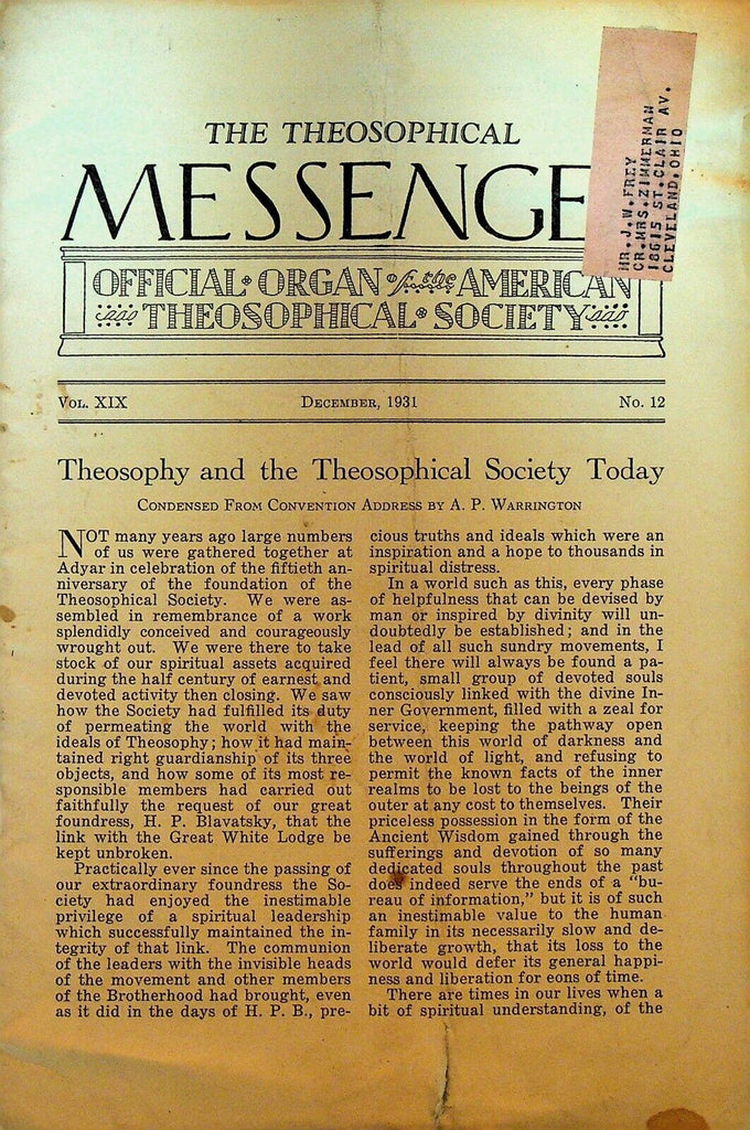 Theosophical Messenger Magazine December 1931 AP Warrington