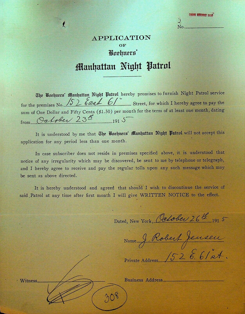 Boehners Manhattan Night Patrol Signed Contract 1915 J Robert Jeseu 152 E 61st