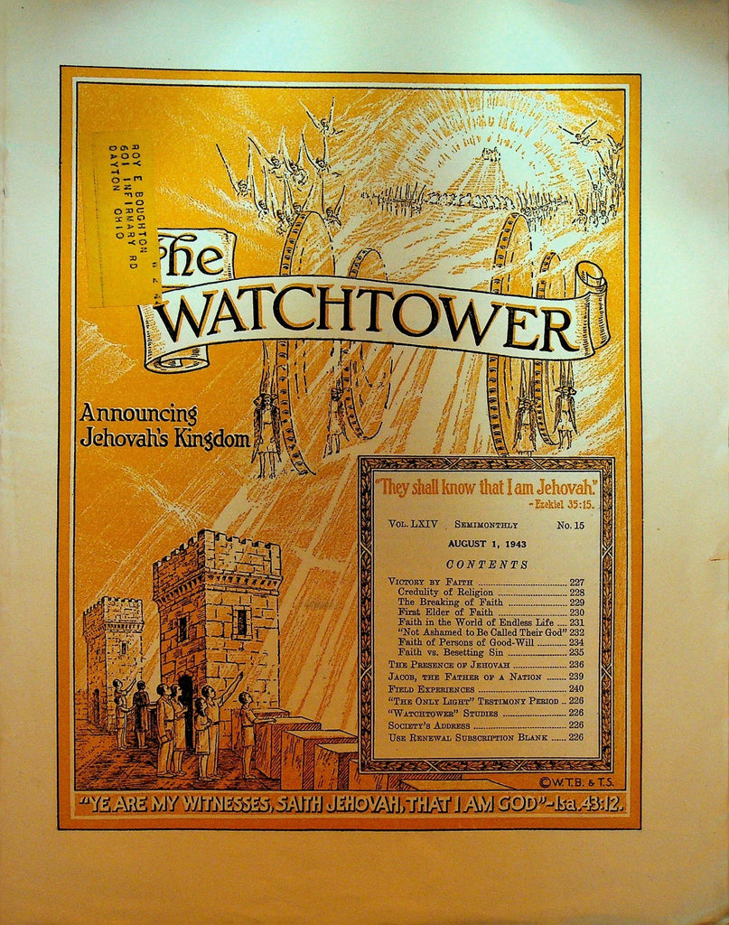 The Watchtower Magazine Jehovah's Witness August 1 1943 Victory by Faith0