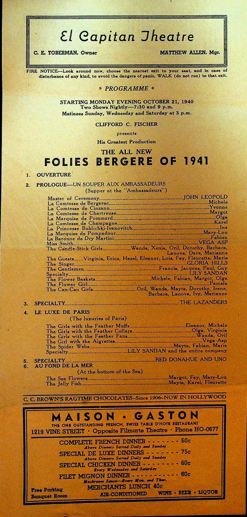 Folies Bergere of 1941 Broadside John Leopold Vega Asp Gloria Hills0