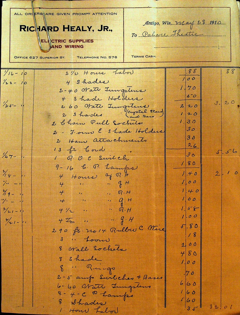 Richard Healy Jr Invoice Antigo Wisconsin May 28 1910 Electric Supplies Wiring0