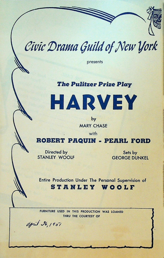 Harvey Playbill 1951 Civic Drama Guild of New York Robert Paquin Pearl Ford0