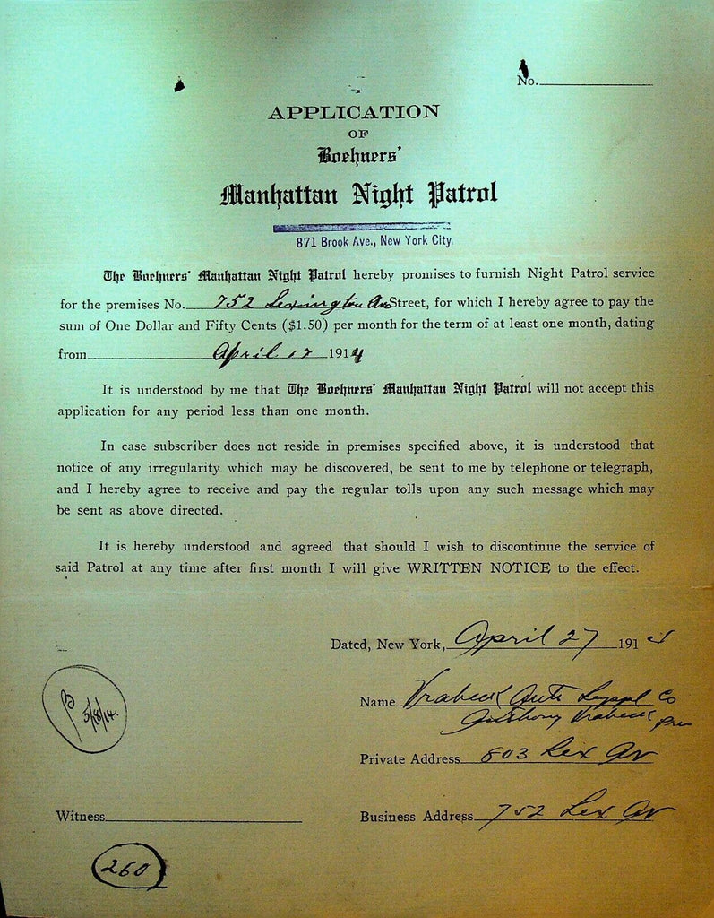 Boehners Manhattan Night Patrol Signed Contract 1913 Vrabel Auto Supply Co