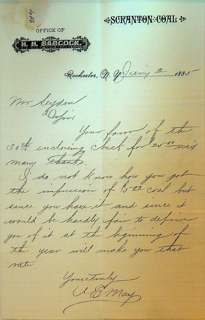 HH Babcock Scranton Coal Letterhead Rochester NY January 2 18850