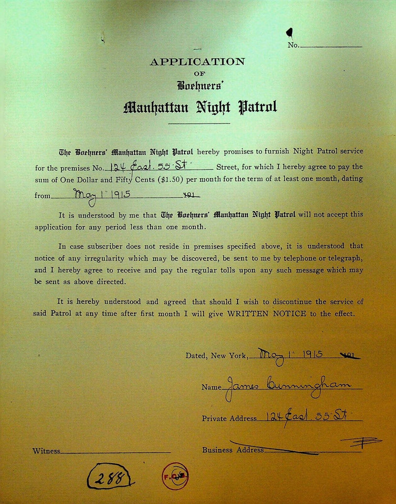 Boehners Manhattan Night Patrol Signed Contract 1915 James Cunningham 124 E 55th