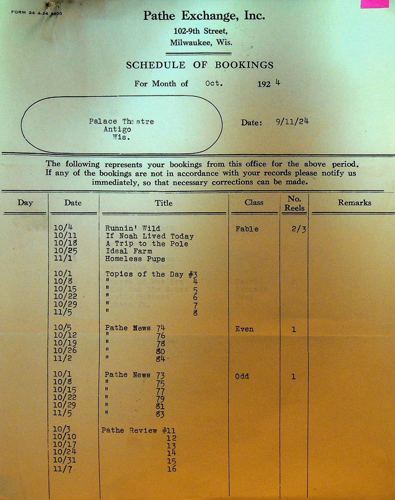 Pathe Exchange Bookings Schedule October 1924 Homeless Pups If Noah Lived Today0