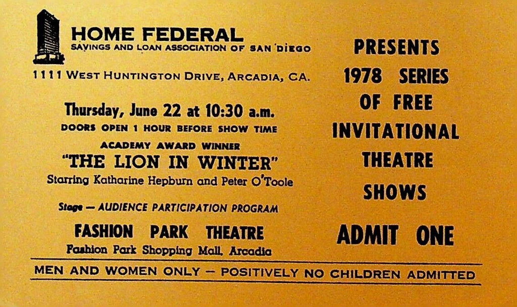 The Lion in Winter Katharine Hepburn Home Federal Ticket San Diego 1978