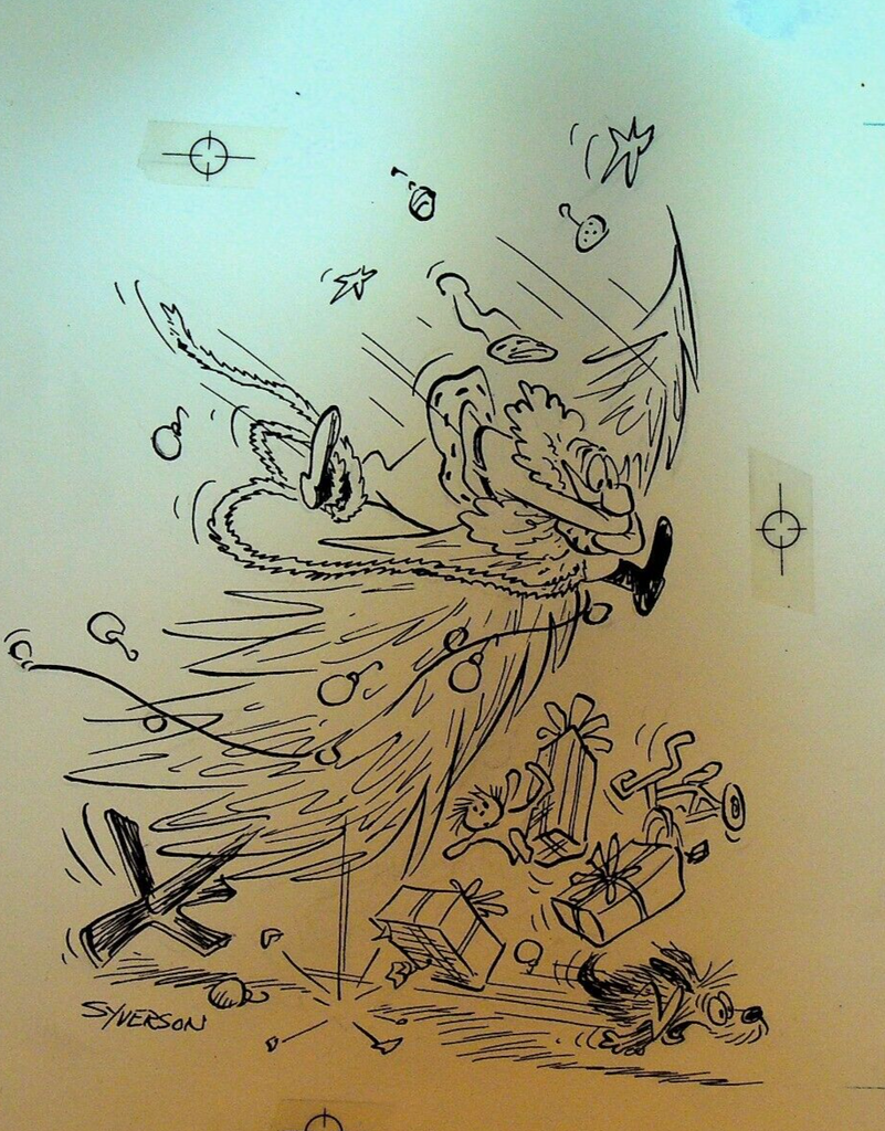 Henry S Syverson Original Art Santa Claus Knock Over Christmas Tree Dog