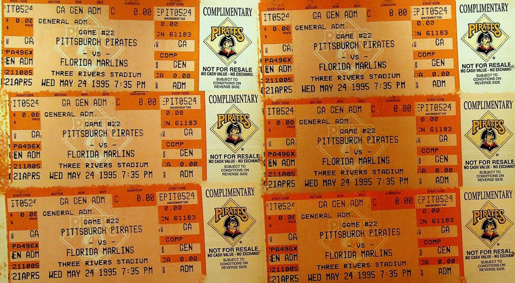 Florida Marlins at Pittsburgh Pirates Ticket Lot of 6 May 24 1995 Complimentary