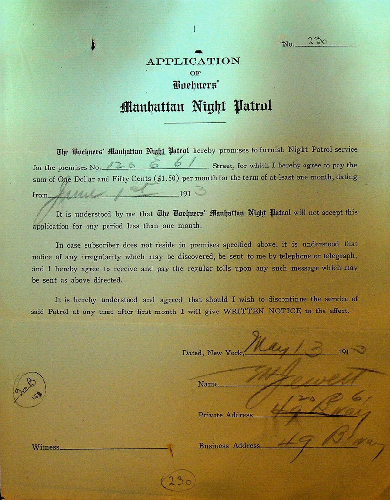 Boehners Manhattan Night Patrol Signed Contract 1913 Jewett 120 E 61st St