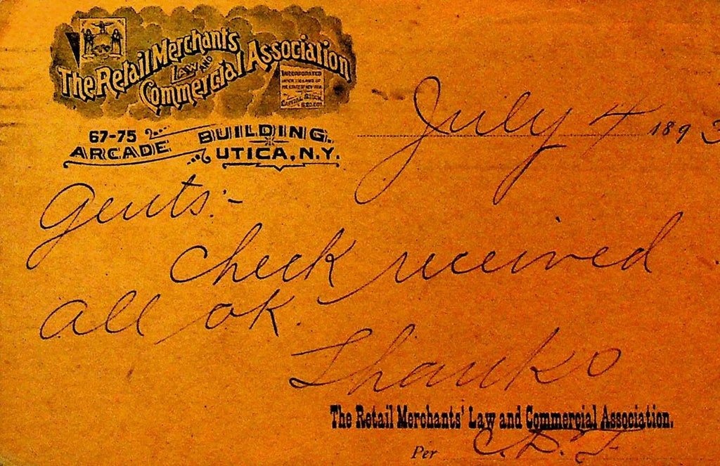 The Retail Merchants Law & Commercial Association Postal Card 1893 Utica NY0