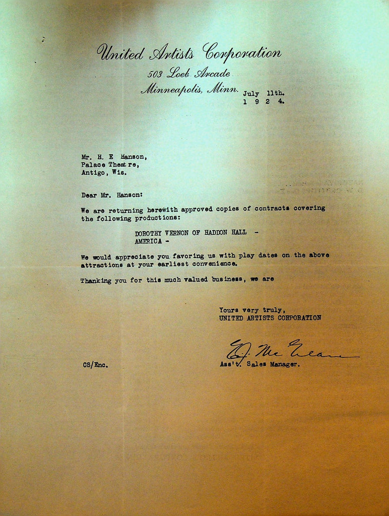 United Artists Letterhead July 11 1924 Dorothy Vernon of Haddon Hill America0