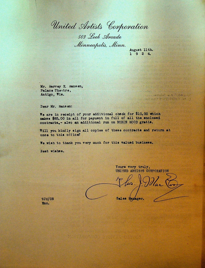 United Artists Letterhead August 11 1924 Robin Hood Silent Film0