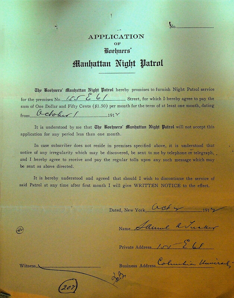 Boehners Manhattan Night Patrol Signed Contract 1912 Samuel Tucker 155 E 61st St