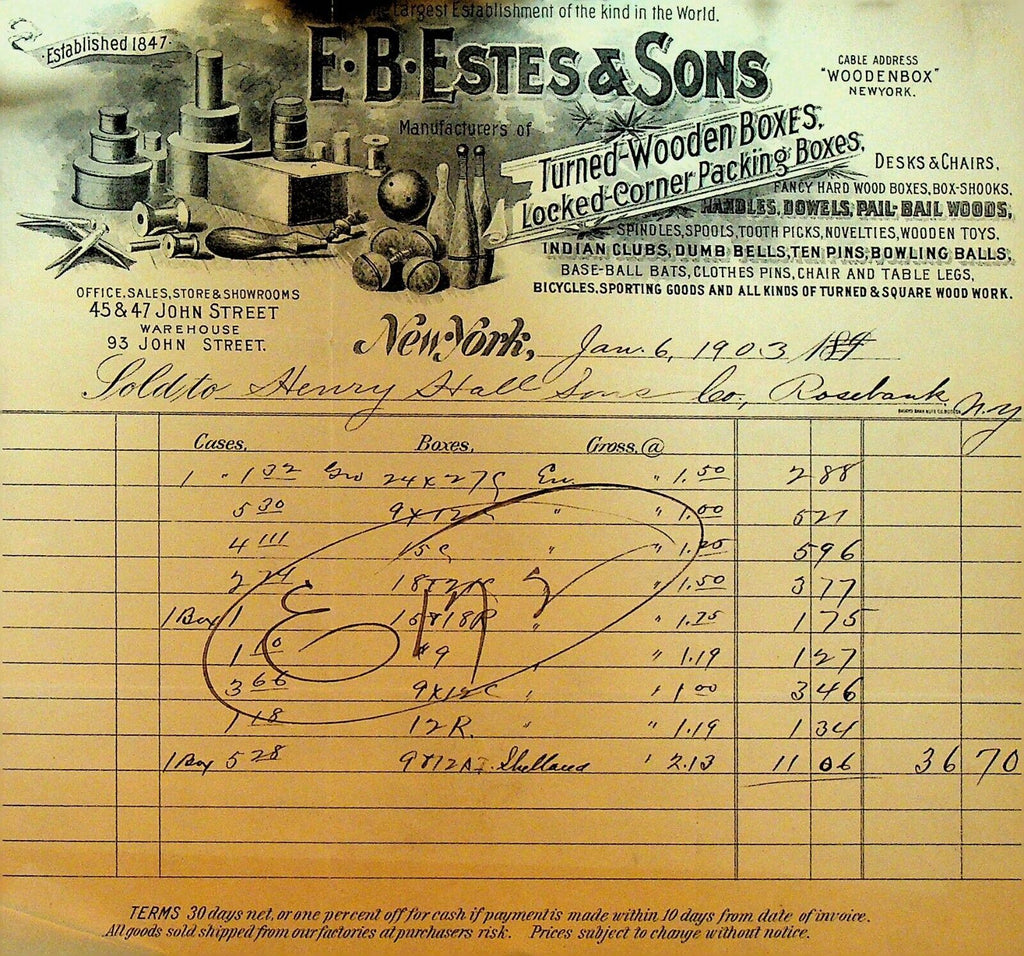 EB Estes & Sons Billhead Letterhead 1903 Wooden Boxes New York City 1890s