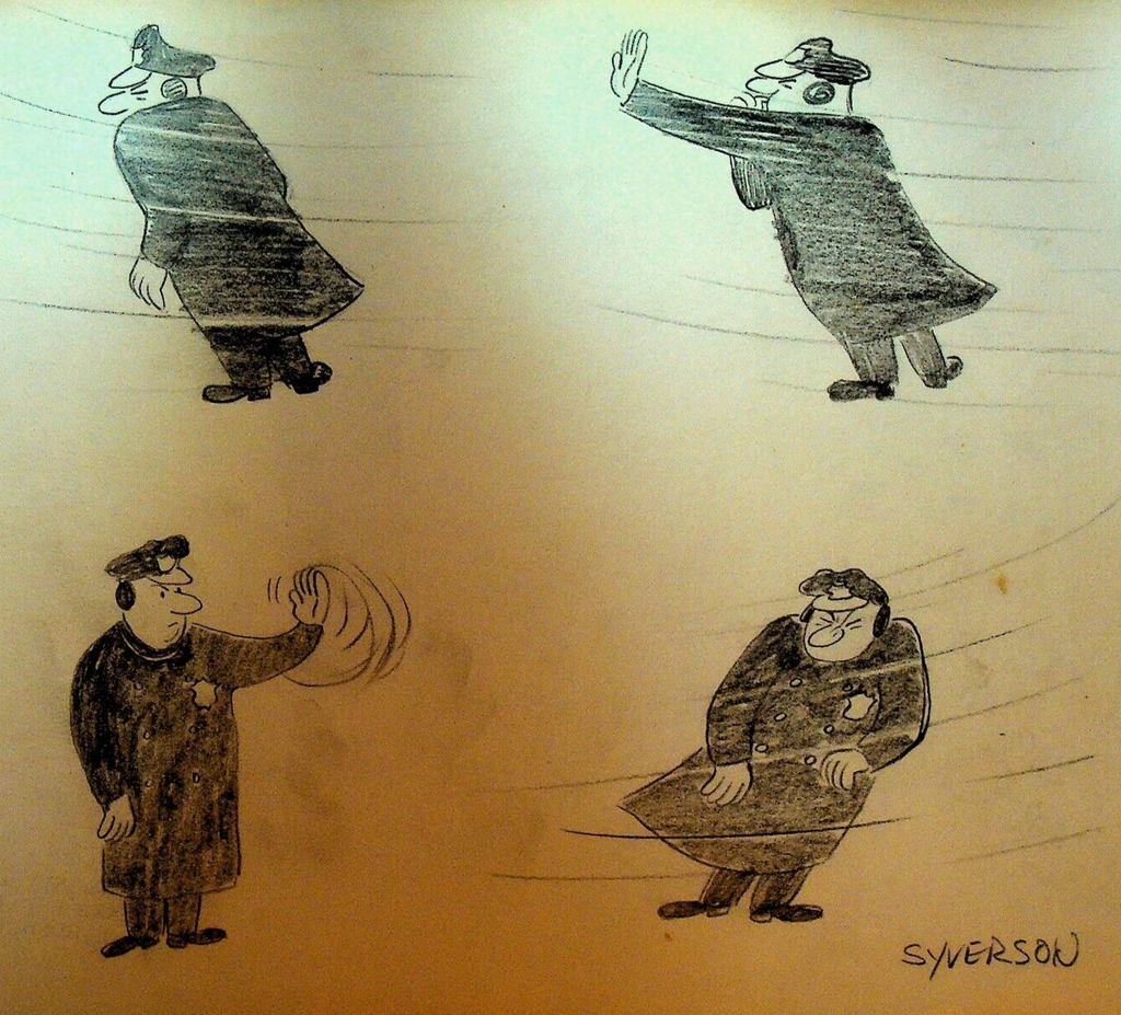 Henry S Syverson Original Art Policeman Directing Traffic in Heavy Wind