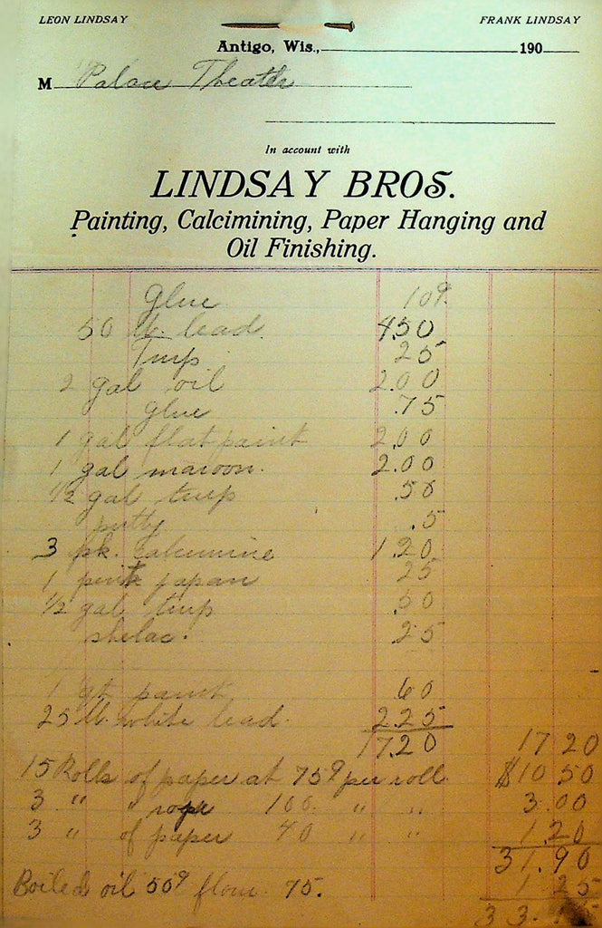 Lindsay Bros Letterhead Antigo Wi 1900s Painting Paper Hanging Calcimining0