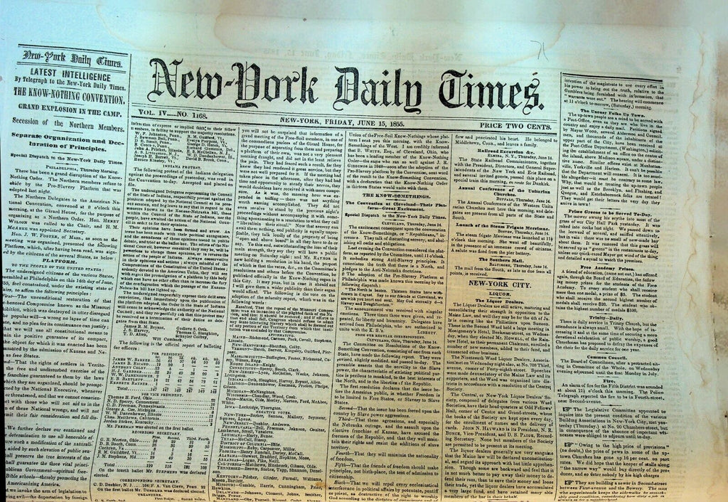 New York Times June 15 1855 Know Nothing Party Temperance Movement