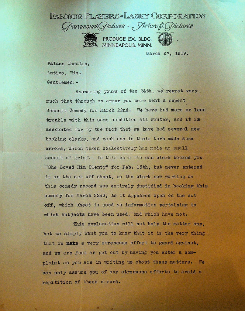 Famous Players Lasky Letterhead March 27 1919 Mack Sennett Comedy0