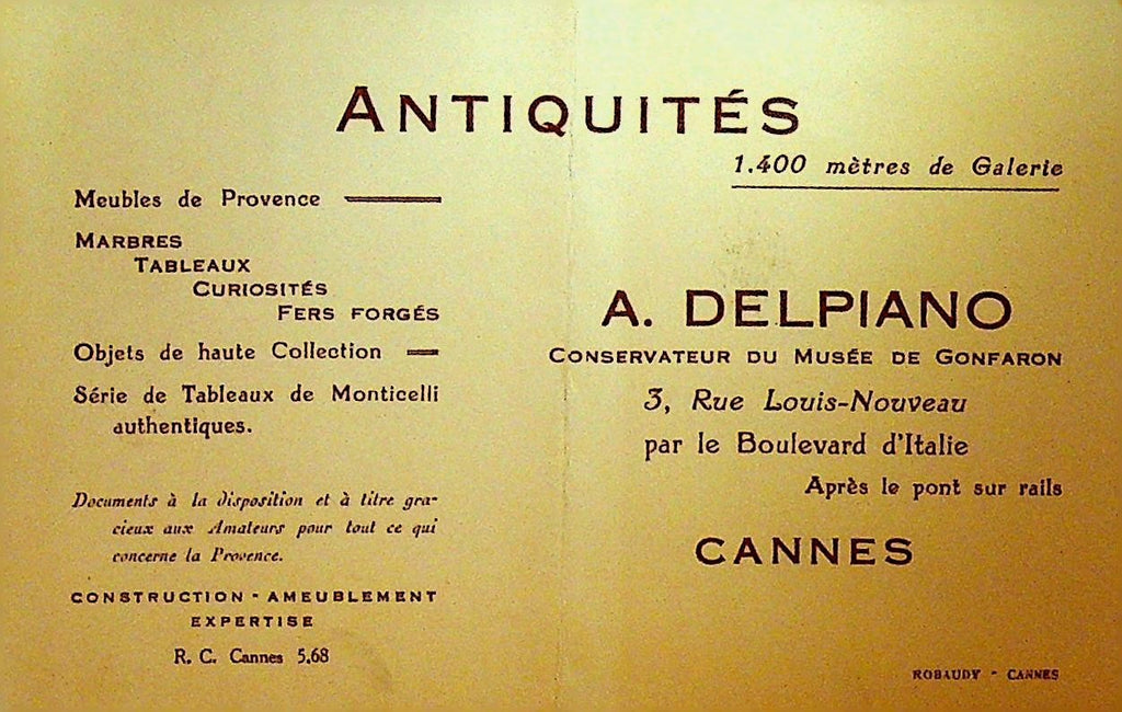 A Delpiano Antiques Business Card 1930s Cannes France0