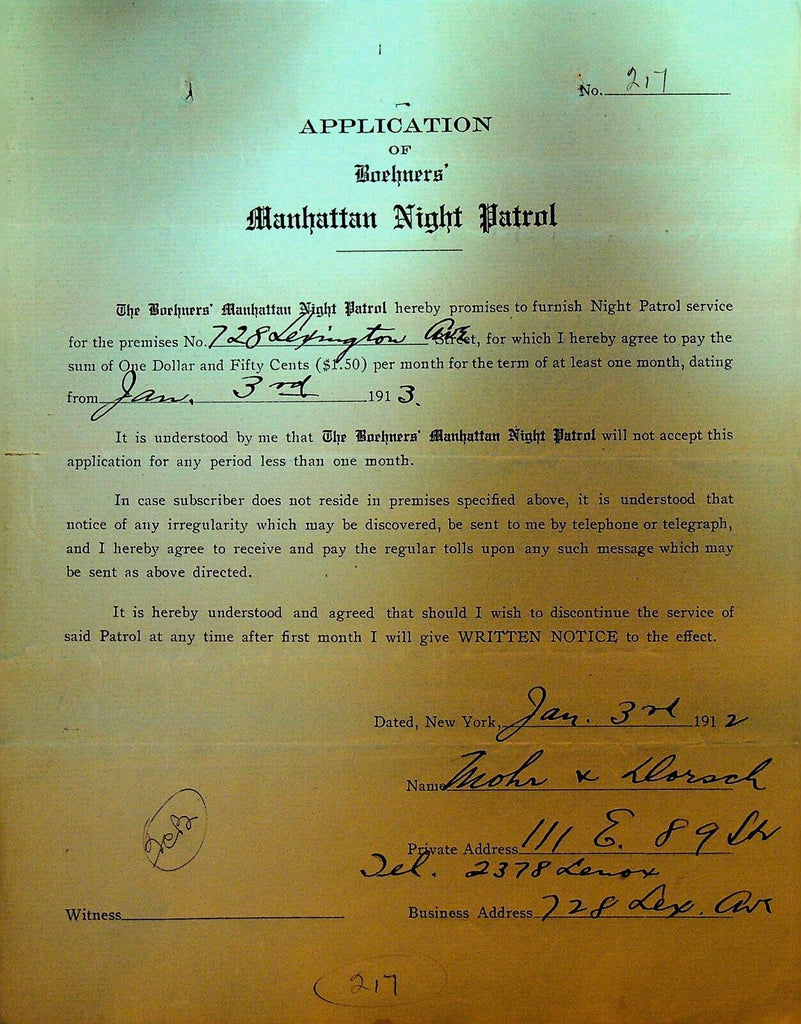Boehners Manhattan Night Patrol Signed Contract 1913 Mohr & Dorsch 728 Lexington
