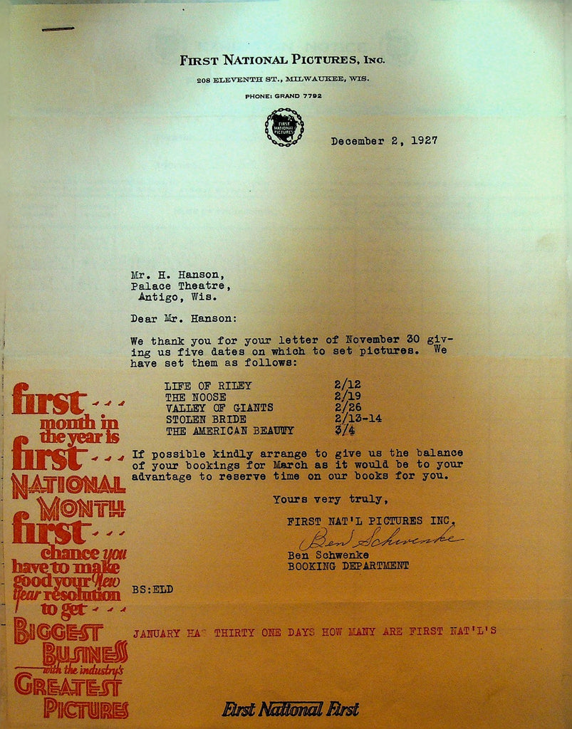 First National Pictures Letterhead December 2 1927 Valley of Giants0