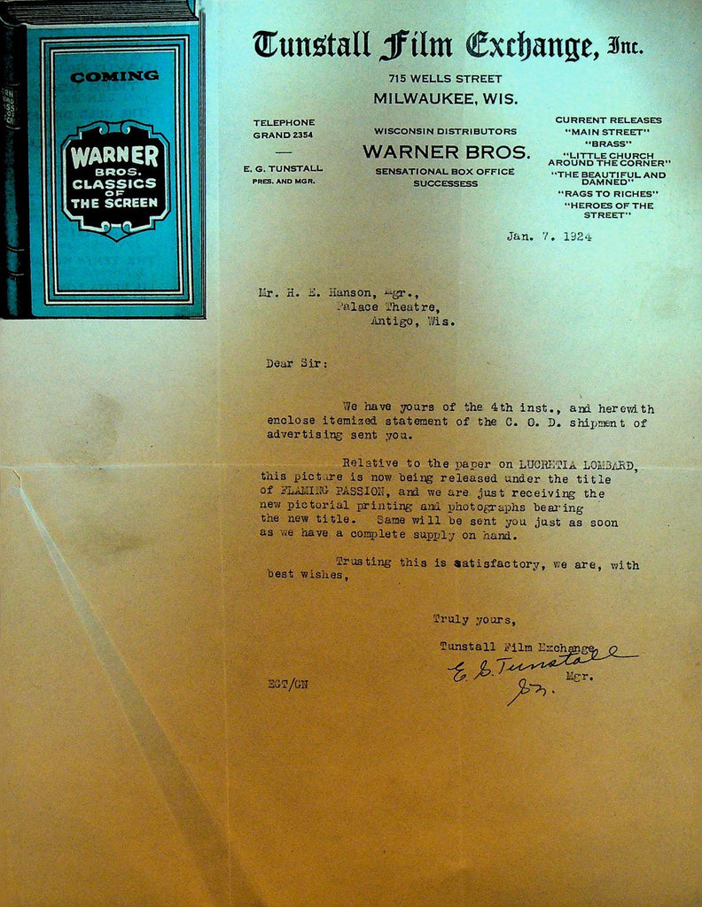 Tunstall Film Exchange Letterhead January 7 1924 Flaming Passion0
