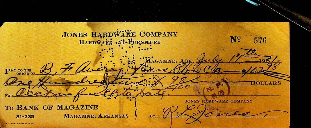 Bank of Magazine Arkansas Used Bank Check 1931 Jones Hardware
