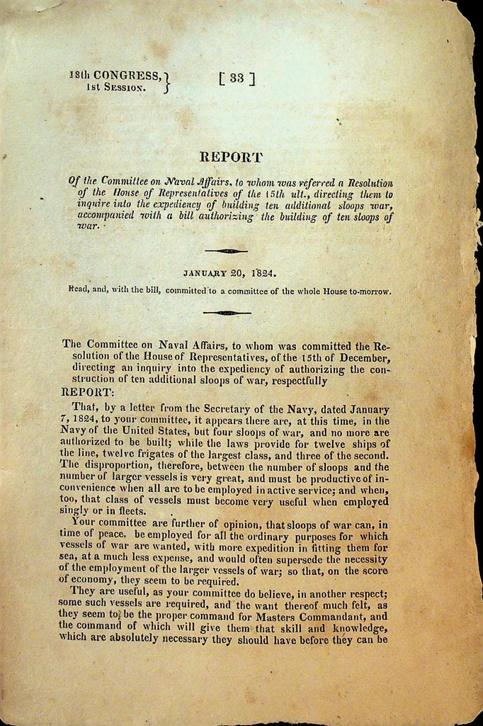 Congressional Report Naval Affairs 10 Sloops of War Built January 20 18240
