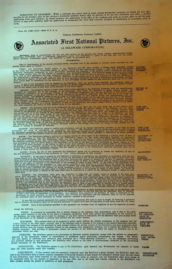 Associated First National Pictures Contract October 1923 Ashes0