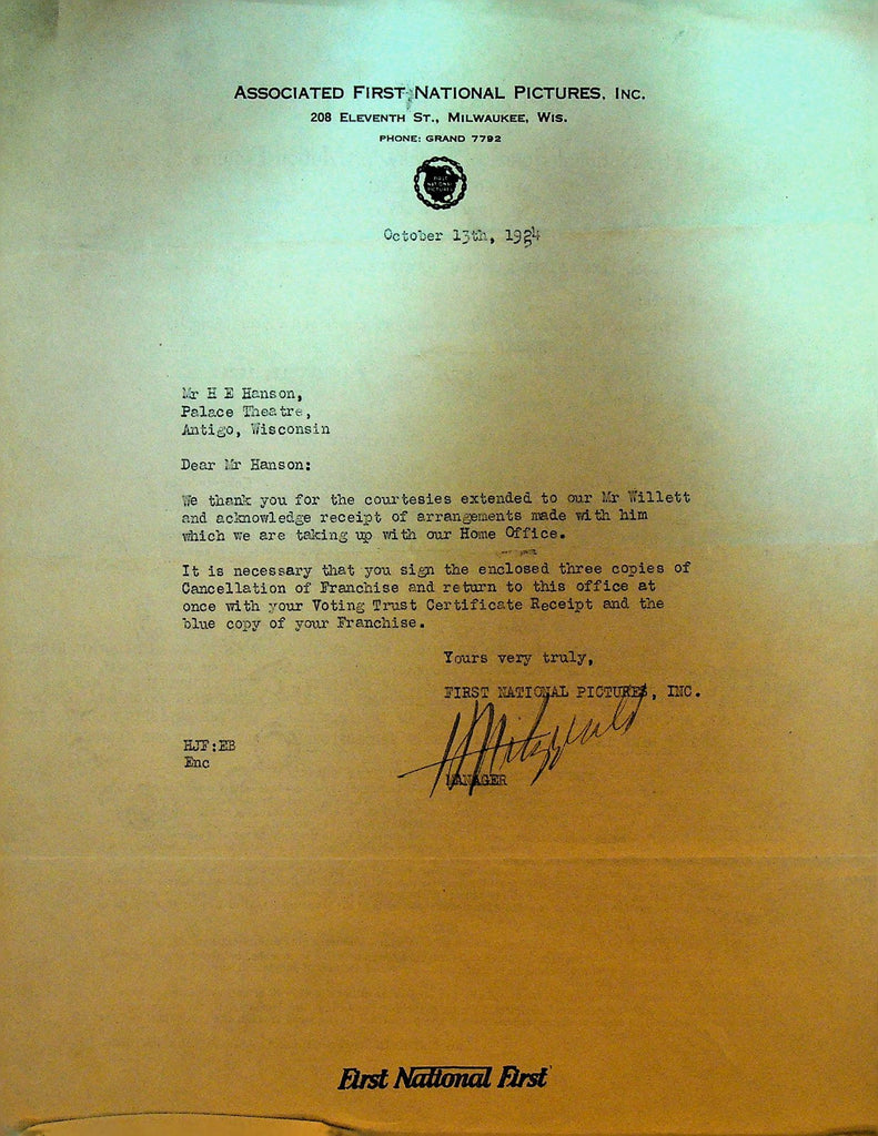 Associated First National Pictures Letterhead October 13 1924 Franchise Cancel0