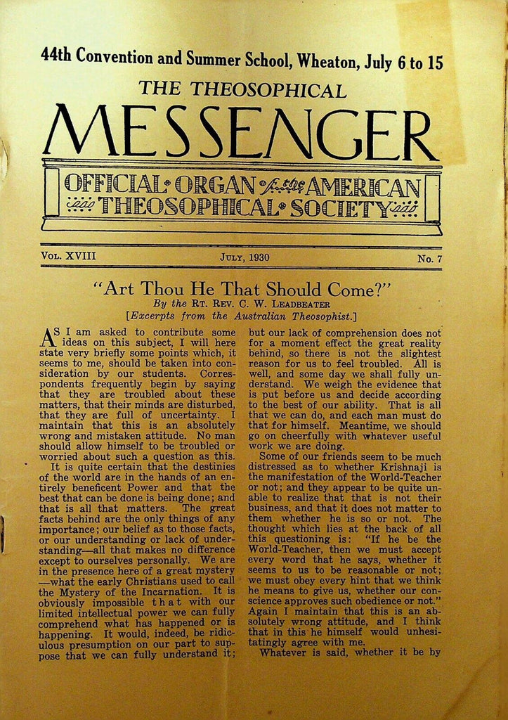 American Theosophical Messenger July 1930 CW Leadbeater Krishnaji