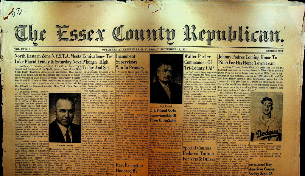 Essex County Republican September 18 1953 Johnny Podres0