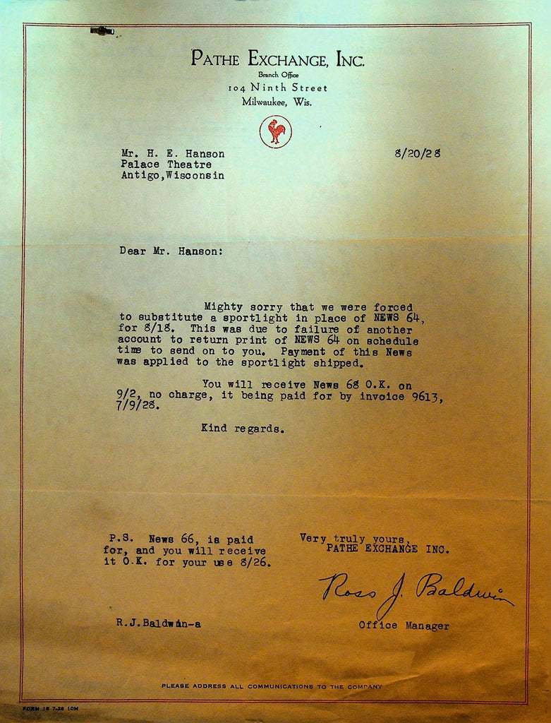 Pathe Exchange Letterhead & Invoice August 20 1928 News 64 680