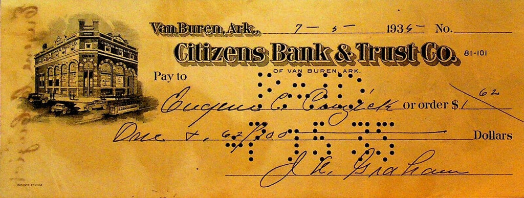 Citizens Bank & Trust Company Van Buren Arkansas Used Bank Check 1935