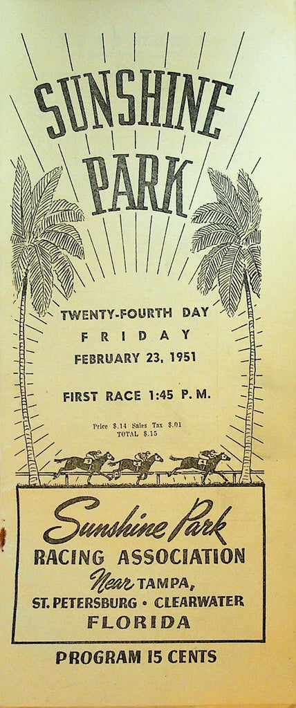 Sunshine Park Horse Racing Program Florida February 23 19510