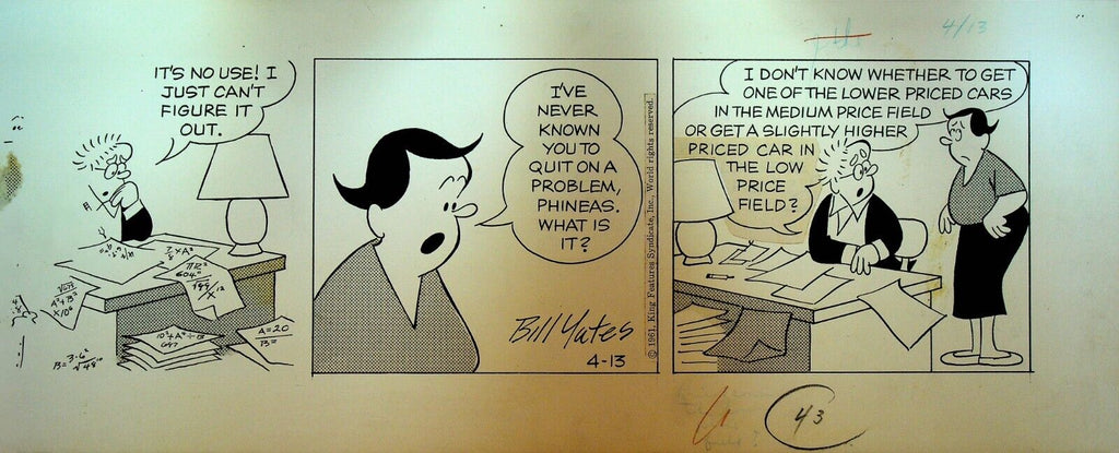 Professor Phumble Original Comic Strip Art Bill Yates April 13 1961 Buying Car