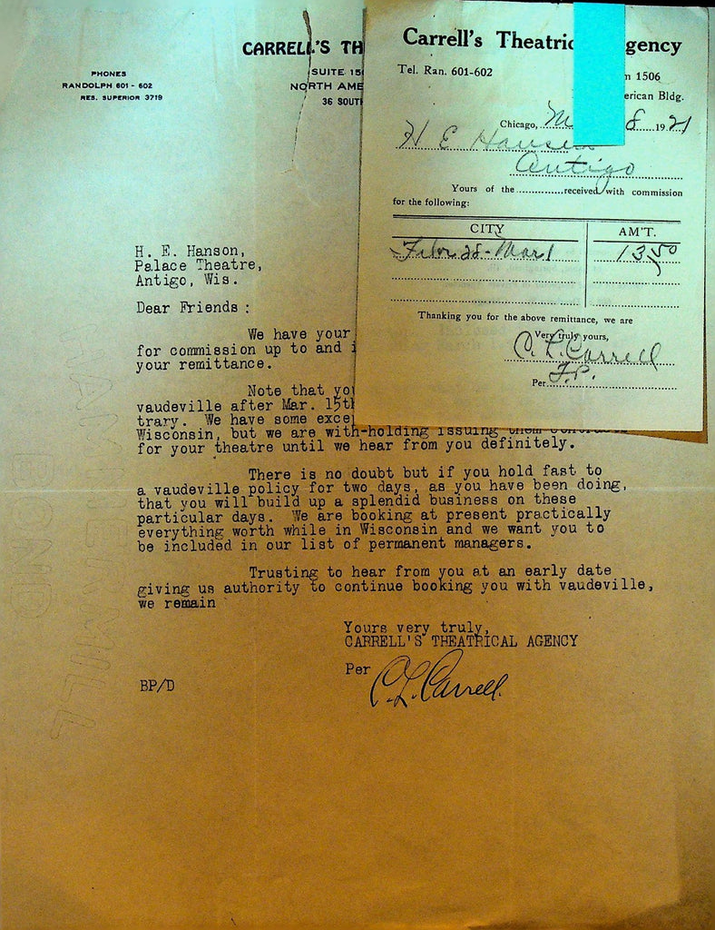 Carrell's Theatrical Agency Letterhead March 8 1921 Good Acts Book0