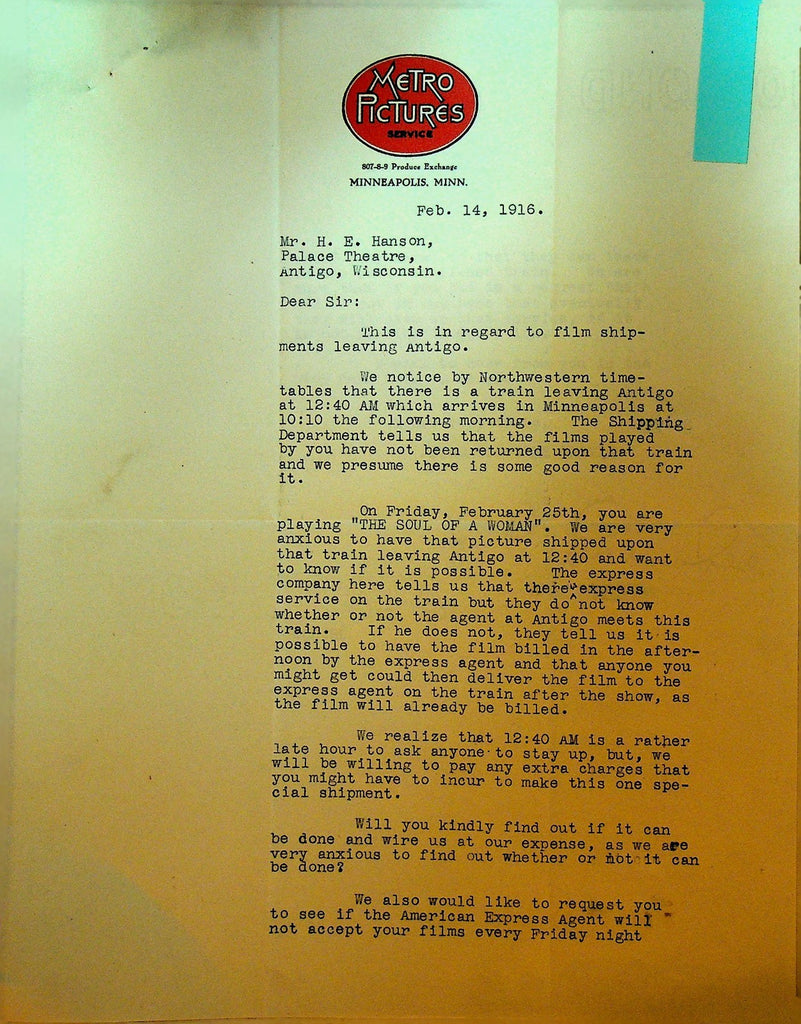 Metro Pictures Letterhead February 14 1916 The Soul of a Woman Silent Film0
