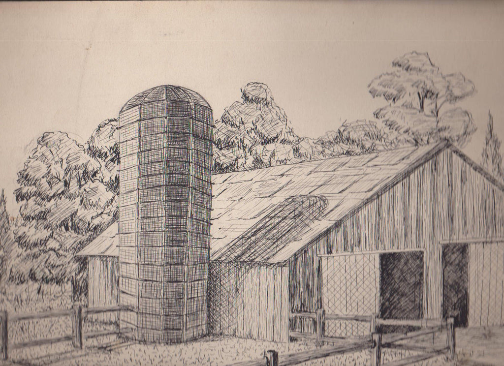 Dennis Parravano Barn & Silo Ink Drawing Rustic 10 x 13 1/20